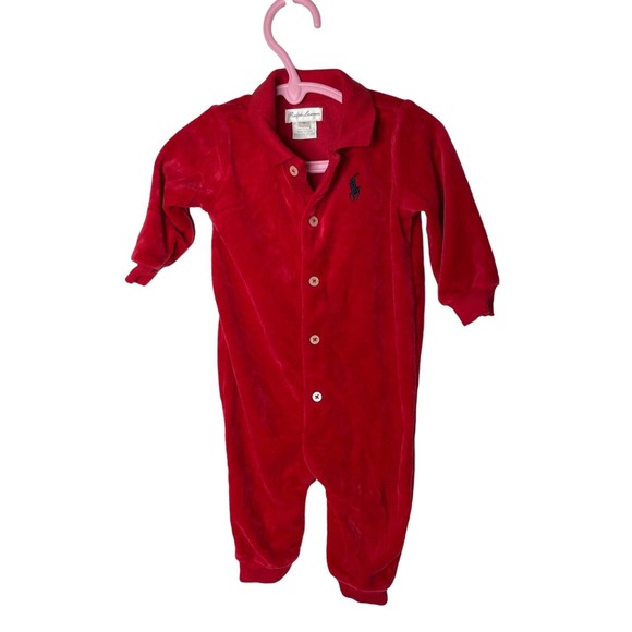 Ralph Lauren infant red 6 months velour one piece sleeper outfit - Picture 1 of 2
